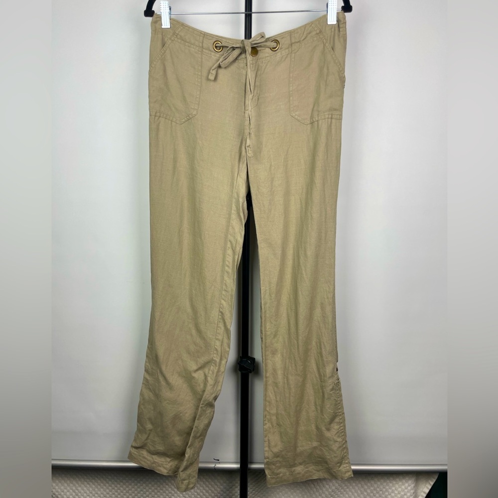 Cynthia Rowley Tan‎ 100% Linen Wide Leg Back Pocket Flap Casual Roll Up Pants